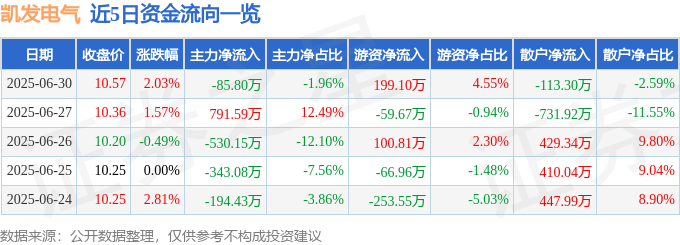 股票行情快报：凯发电气（300407）6月30日主力资金净卖